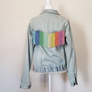 Tiana NY Rainbow Beaded Fringe Bleached Denim Jean Jacket Womens Size L